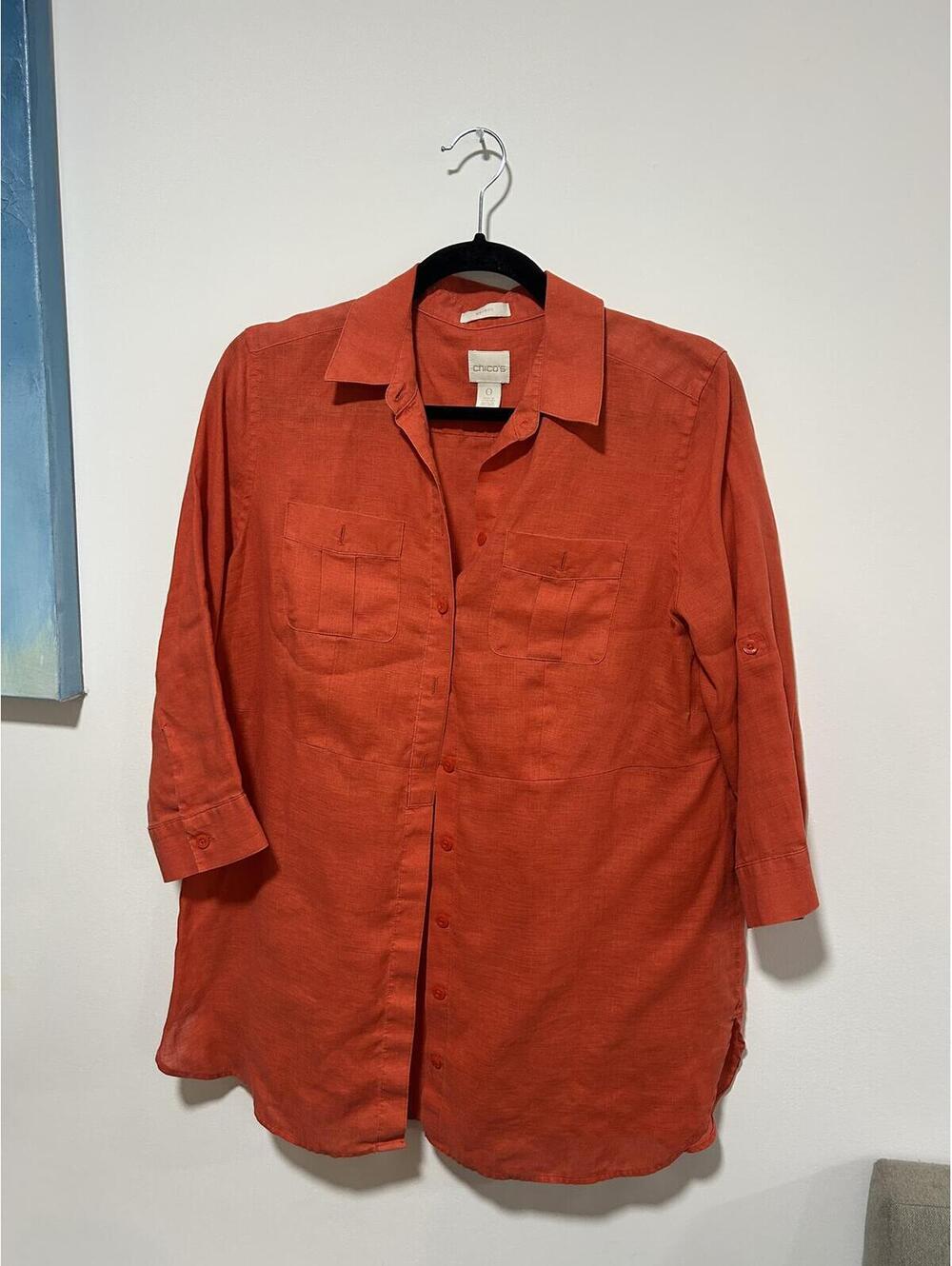Chico’s Coral Crop Sleeve No Iron Button Up Size 0